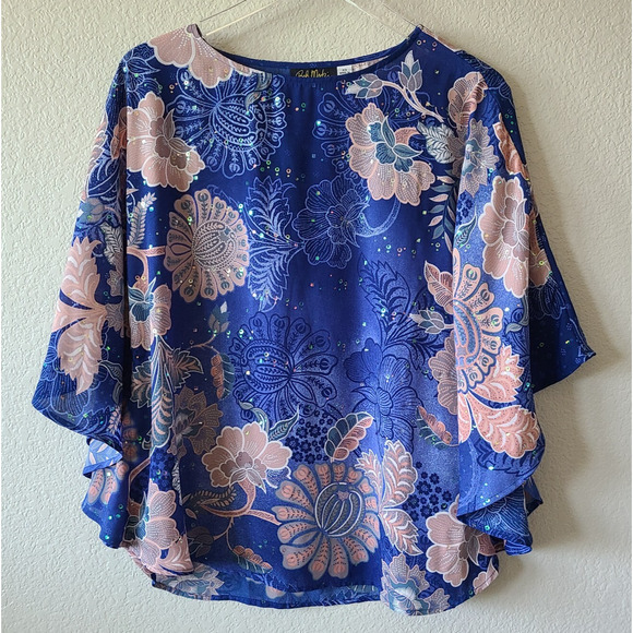 Bob Mackie Wearable Art Sheer Poncho‎ Top XS Women Sequin Blue Floral Fairy - Picture 1 of 10